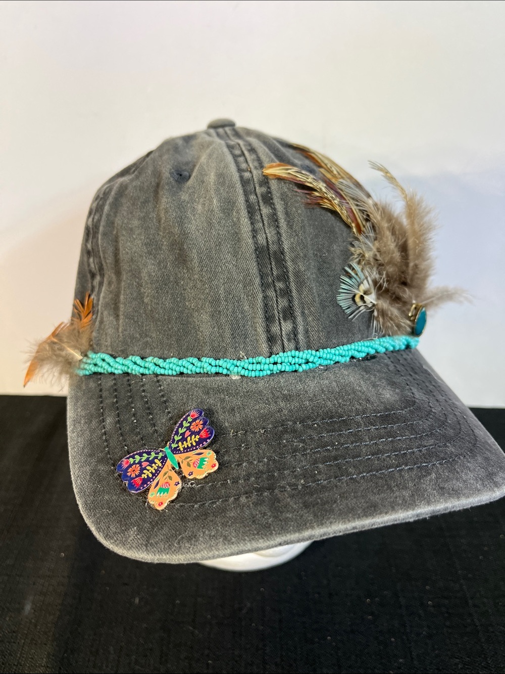 INFINITY Gray Baseball Cap with Turquoise Bead Trim, Feather & Butterfly Accents